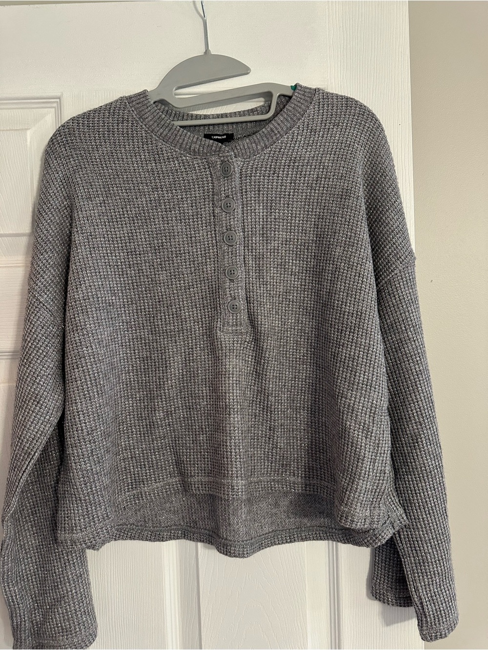 Express Gray Waffle-Knit Henley Long Sleeve Top